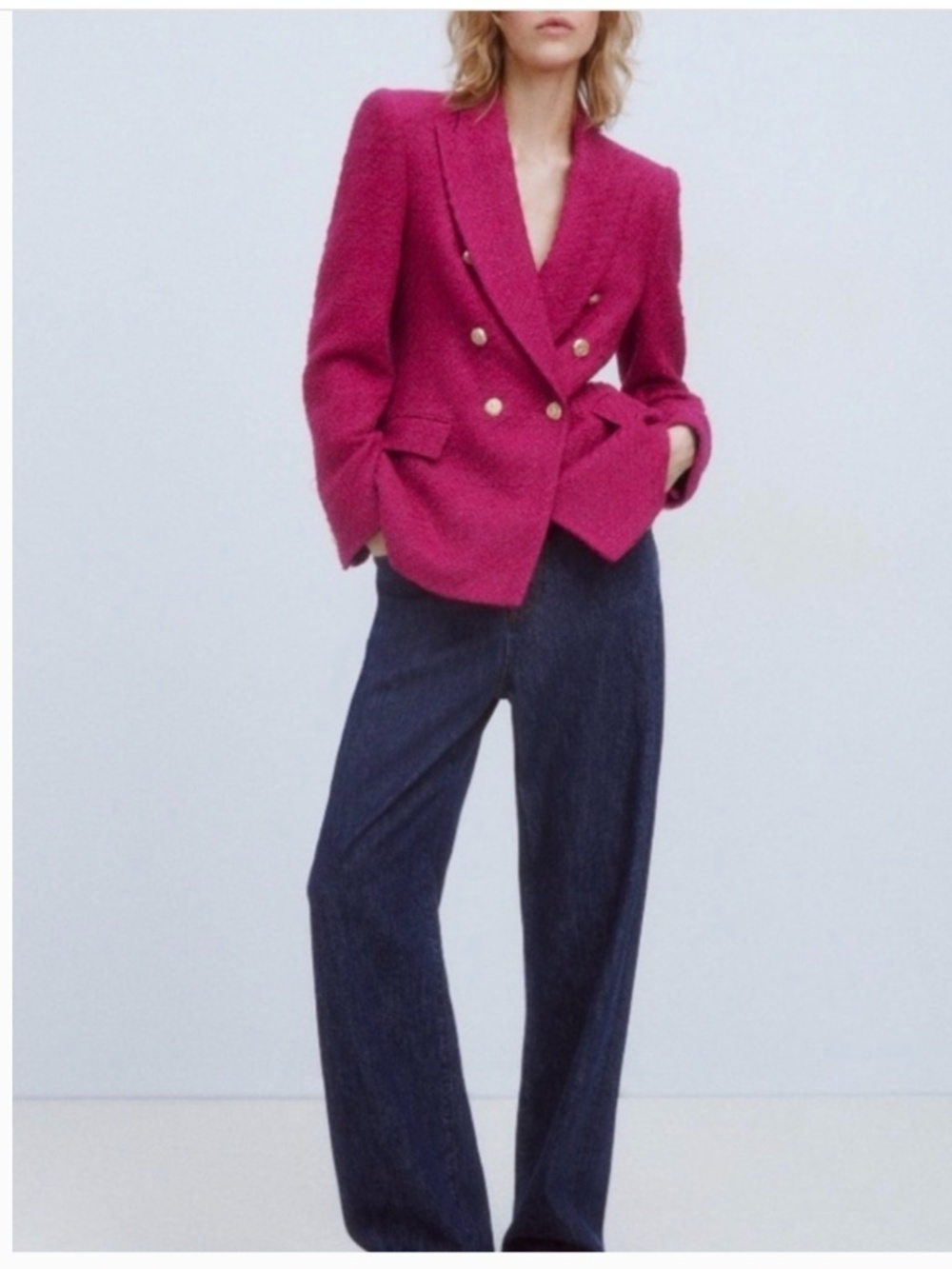 Zara Fuchsia Pink Double-Breasted Tweed Blazer with Gold Buttons Size Small - Picture 2 of 14